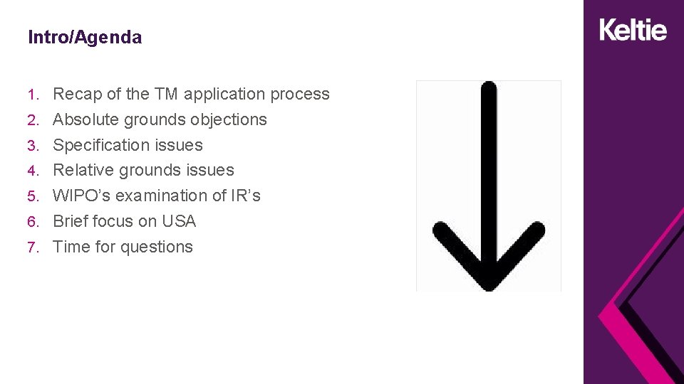 Intro/Agenda 1. Recap of the TM application process 2. Absolute grounds objections 3. Specification