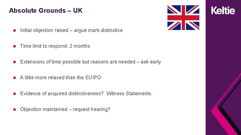 Absolute Grounds – UK Initial objection raised – argue mark distinctive Time limit to