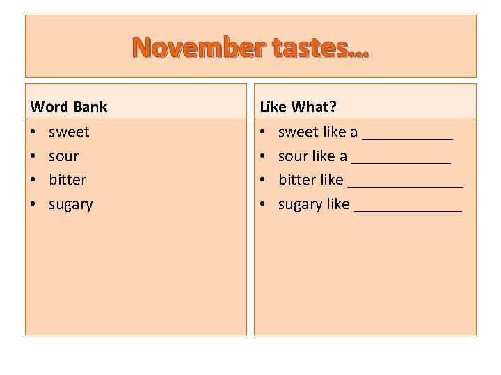 November tastes… Word Bank • • sweet sour bitter sugary Like What? • •