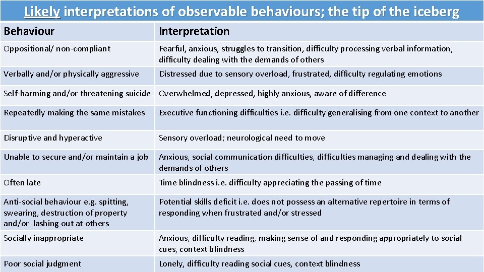 Likely interpretations of observable behaviours; the tip of the iceberg Behaviour Interpretation Oppositional/ non-compliant