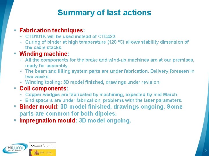 Summary of last actions Fabrication techniques: ◦ CTD 101 K will be used instead