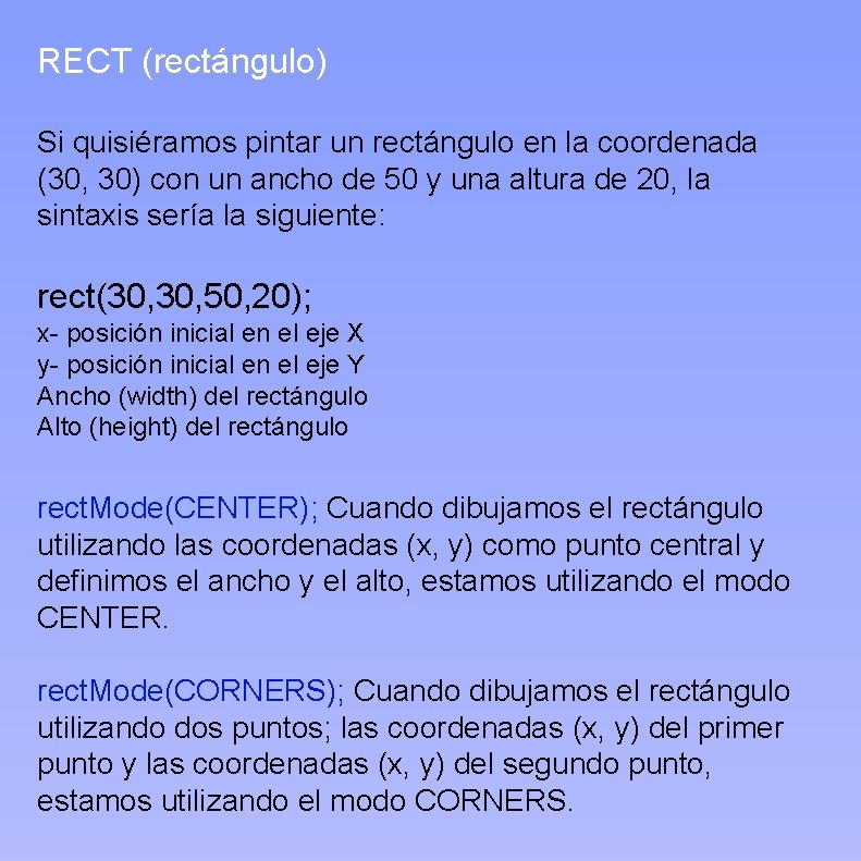 RECT (rectángulo) Si quisiéramos pintar un rectángulo en la coordenada (30, 30) con un