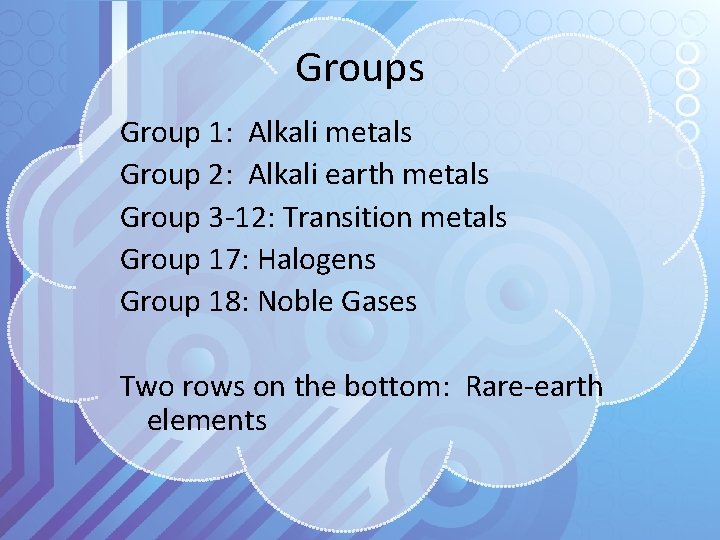 Groups Group 1: Alkali metals Group 2: Alkali earth metals Group 3 -12: Transition