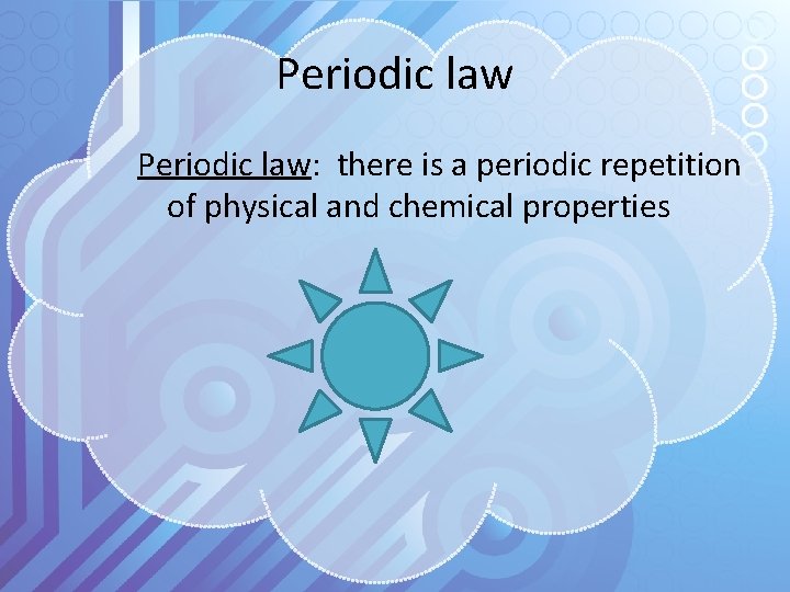 Periodic law: there is a periodic repetition of physical and chemical properties 