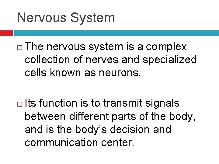 Nervous System The nervous system is a complex collection of nerves and specialized cells