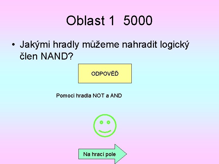 Oblast 1 5000 • Jakými hradly můžeme nahradit logický člen NAND? ODPOVĚĎ Pomoci hradla