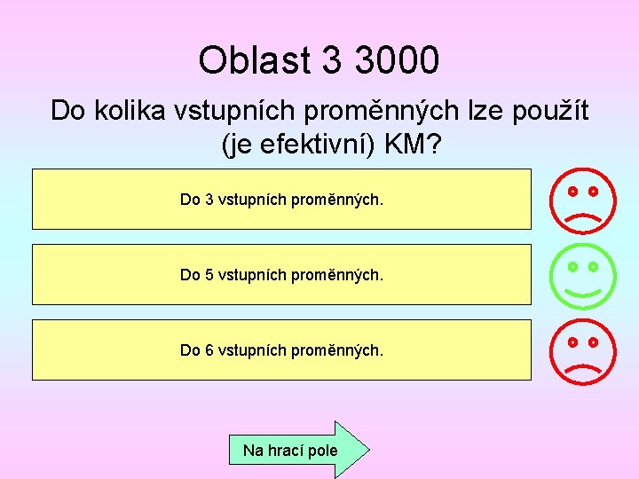 Oblast 3 3000 Do kolika vstupních proměnných lze použít (je efektivní) KM? Do 3