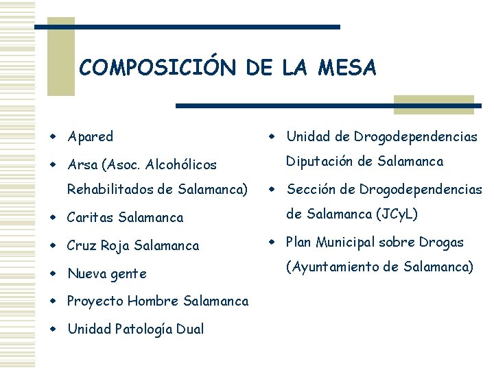 COMPOSICIÓN DE LA MESA w Apared w Arsa (Asoc. Alcohólicos Rehabilitados de Salamanca) w