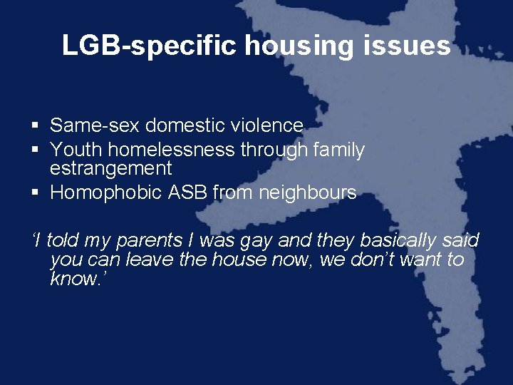 LGB-specific housing issues § Same-sex domestic violence § Youth homelessness through family estrangement §