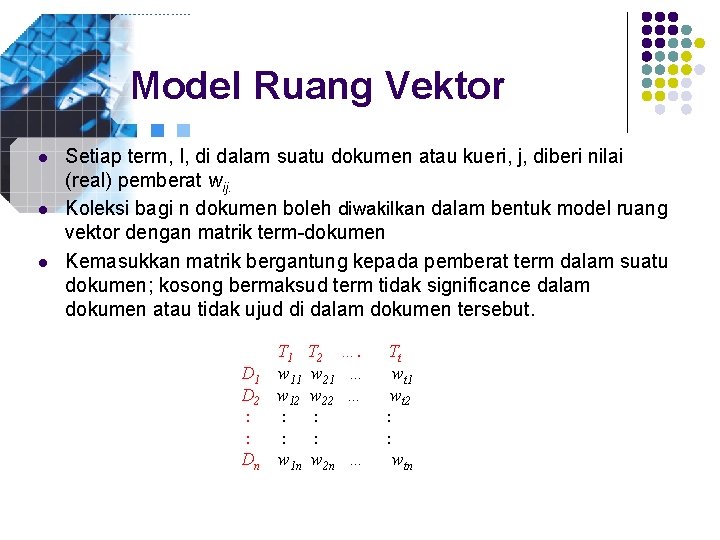 Model Ruang Vektor l l l Setiap term, I, di dalam suatu dokumen atau