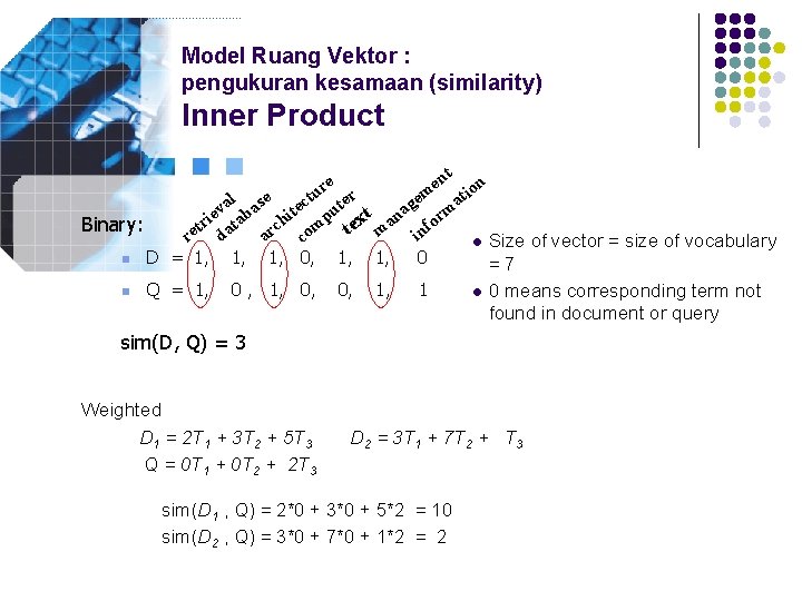 Model Ruang Vektor : pengukuran kesamaan (similarity) Inner Product t e en ion r