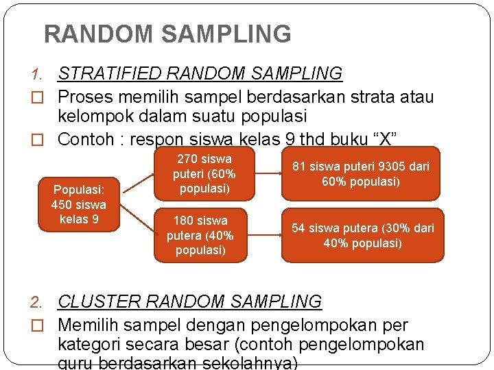 RANDOM SAMPLING 1. STRATIFIED RANDOM SAMPLING � Proses memilih sampel berdasarkan strata atau kelompok