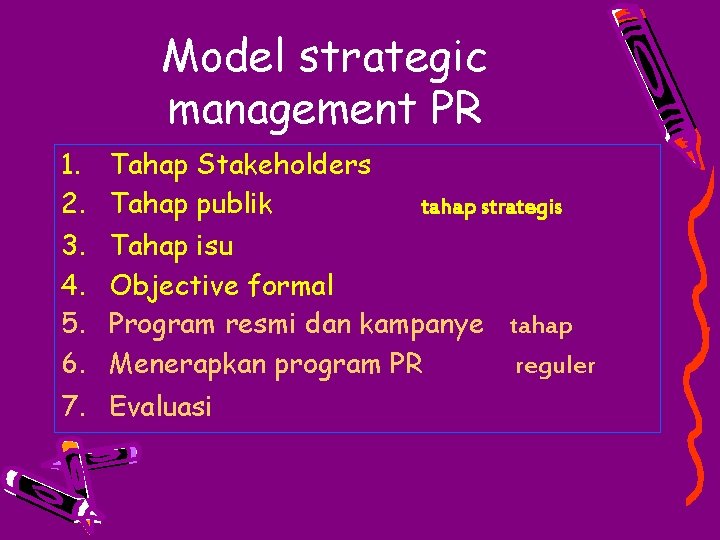 Model strategic management PR 1. 2. 3. 4. 5. 6. 7. Tahap Stakeholders Tahap