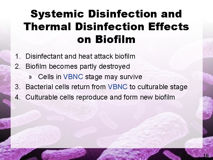 Systemic Disinfection and Thermal Disinfection Effects on Biofilm 1. Disinfectant and heat attack biofilm