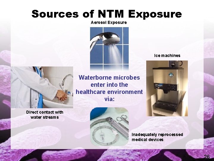 Sources of NTM Exposure Aerosol Exposure Ice machines Waterborne microbes enter into the healthcare