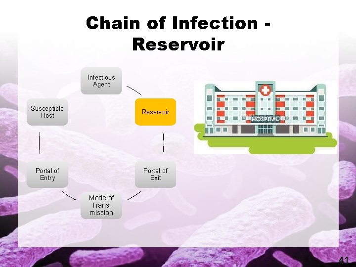 Chain of Infection Reservoir Infectious Agent Susceptible Host Reservoir Portal of Entry Portal of
