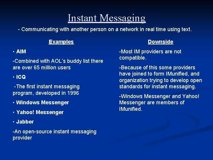 Instant Messaging - Communicating with another person on a network in real time using