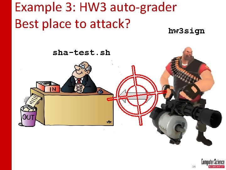 Example 3: HW 3 auto-grader Best place to attack? hw 3 sign sha-test. sh