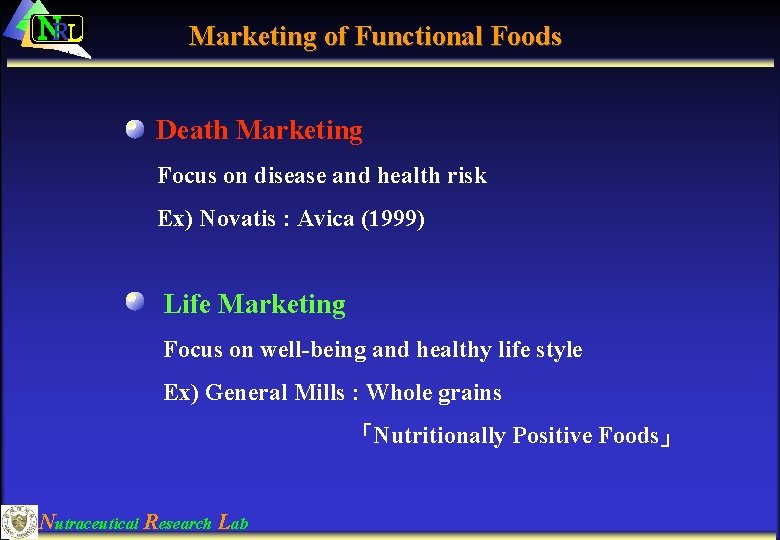 NRL Marketing of Functional Foods Death Marketing Focus on disease and health risk Ex)