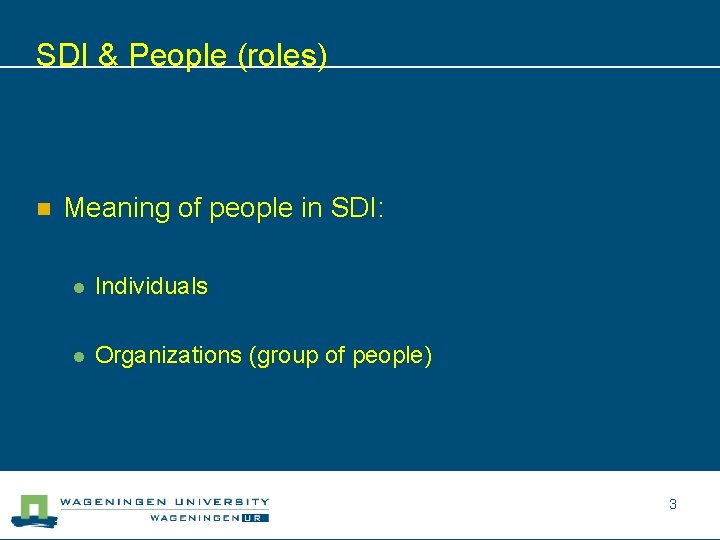 SDI & People (roles) n Meaning of people in SDI: l Individuals l Organizations