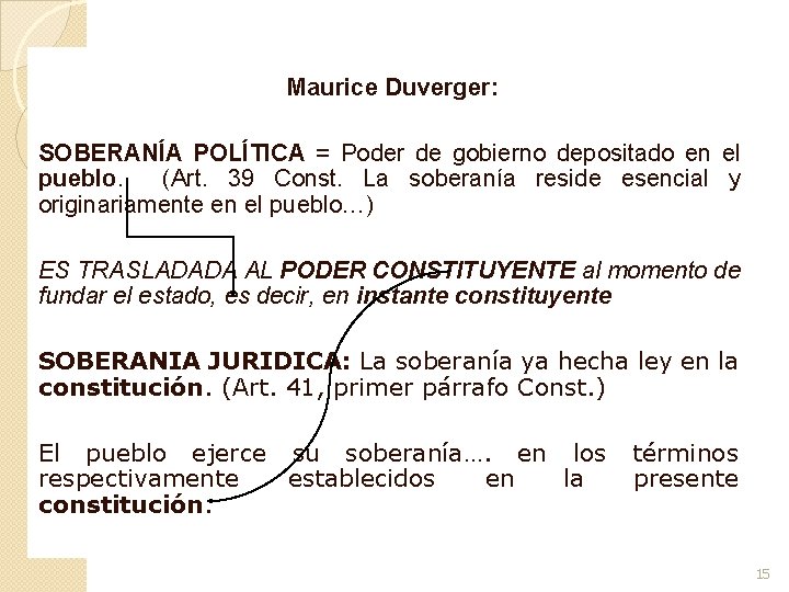 Maurice Duverger: SOBERANÍA POLÍTICA = Poder de gobierno depositado en el pueblo. (Art. 39