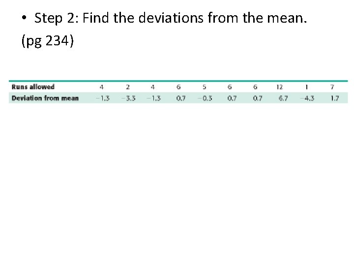  • Step 2: Find the deviations from the mean. (pg 234) 