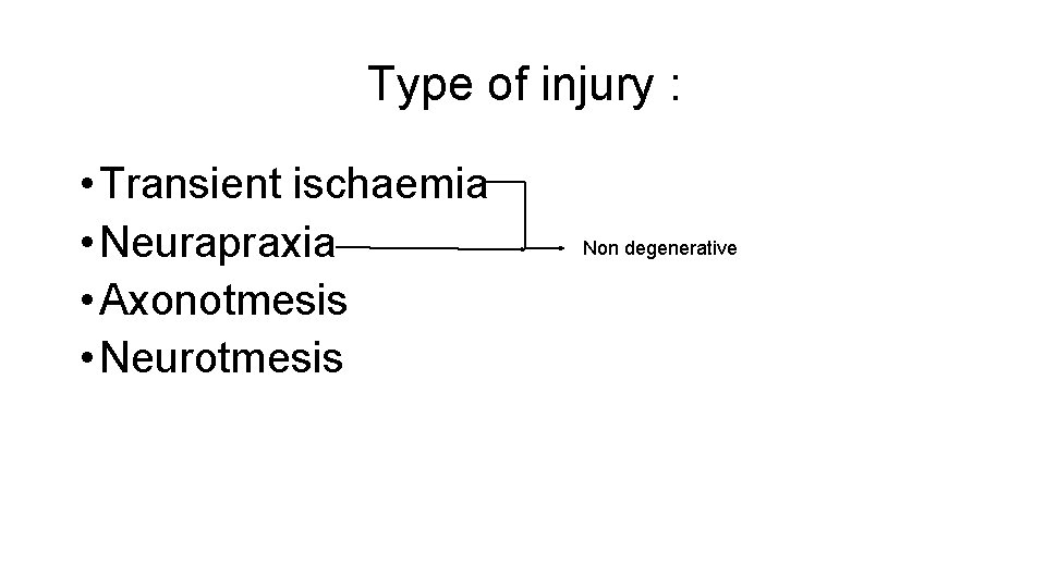 Type of injury : • Transient ischaemia • Neurapraxia • Axonotmesis • Neurotmesis Non