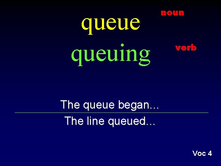 queue queuing noun verb The queue began… The line queued… Voc 4 