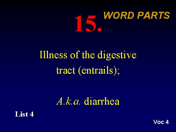 15. WORD PARTS Illness of the digestive tract (entrails); A. k. a. diarrhea List