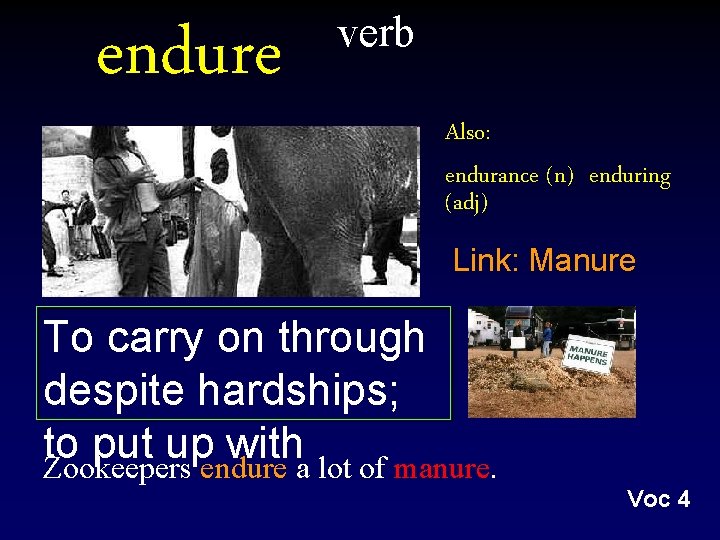 endure verb Also: endurance (n) enduring (adj) Link: Manure To carry on through despite