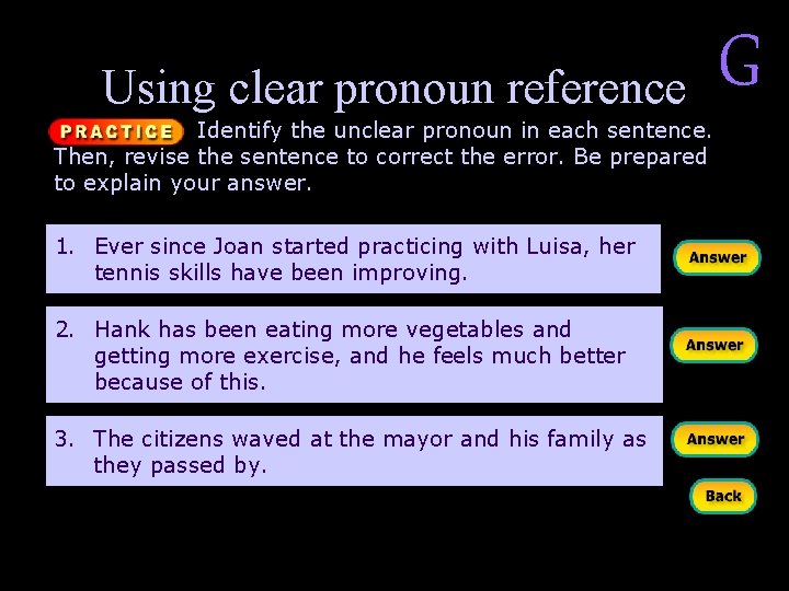 Using clear pronoun reference Identify the unclear pronoun in each sentence. Then, revise the
