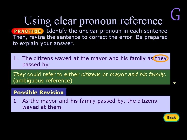 Using clear pronoun reference Identify the unclear pronoun in each sentence. Then, revise the