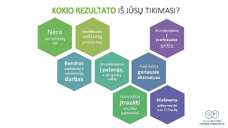 KOKIO REZULTATO IŠ JŪSŲ TIKIMASI? Nėra Investuojama į svarbiausias Identifikuotos perteklinių PP sektorių problemos