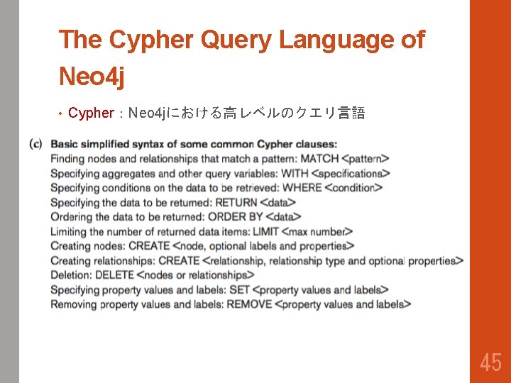 The Cypher Query Language of Neo 4 j • Cypher：Neo 4 jにおける高レベルのクエリ言語 45 
