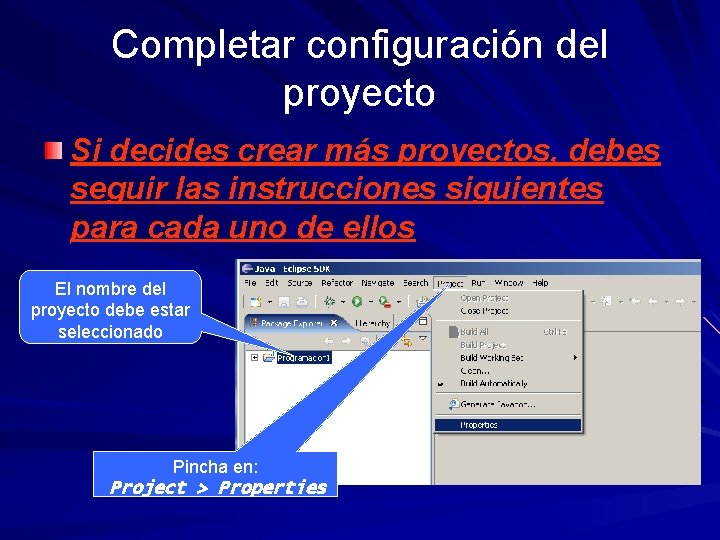 Completar configuración del proyecto Si decides crear más proyectos, debes seguir las instrucciones siguientes