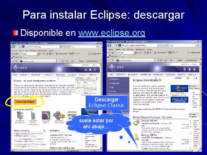Para instalar Eclipse: descargar Disponible en www. eclipse. org Descargar Eclipse Classic suele estar