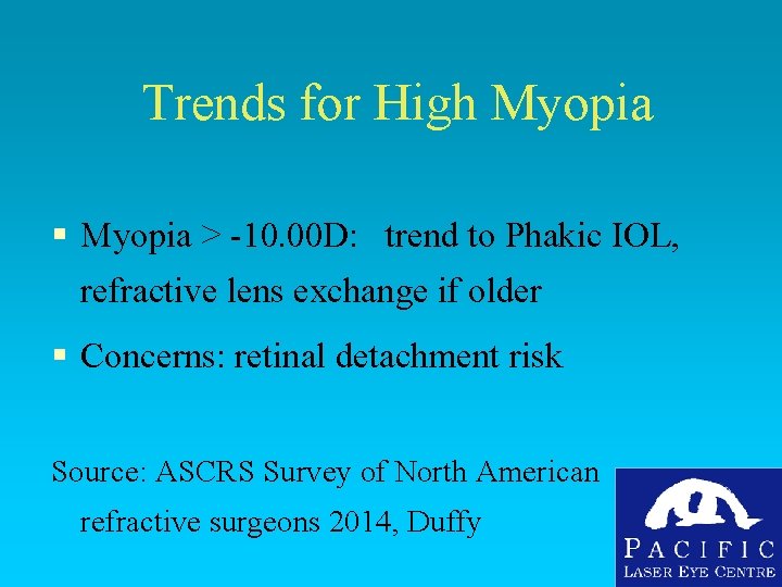 Trends for High Myopia § Myopia > -10. 00 D: trend to Phakic IOL,