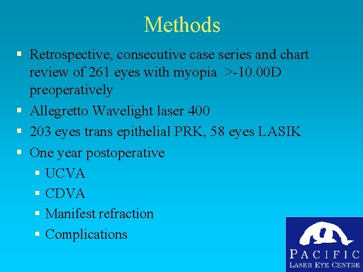 Methods § Retrospective, consecutive case series and chart review of 261 eyes with myopia