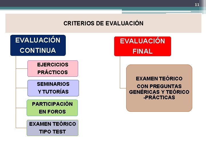 11 CRITERIOS DE EVALUACIÓN CONTINUA FINAL EJERCICIOS PRÁCTICOS SEMINARIOS Y TUTORÍAS PARTICIPACIÒN EN FOROS