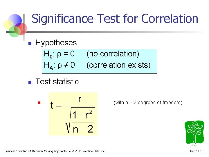 Significance Test for Correlation n n Hypotheses H 0: ρ = 0 HA :