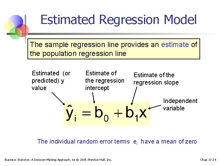 Estimated Regression Model The sample regression line provides an estimate of the population regression