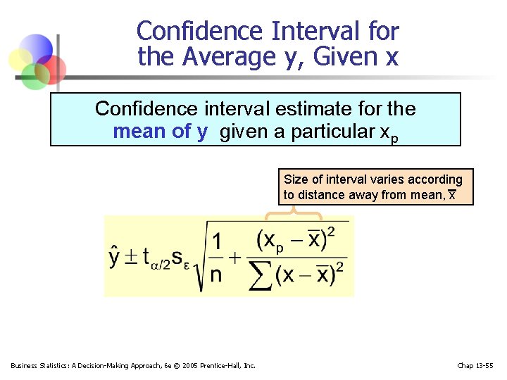 Confidence Interval for the Average y, Given x Confidence interval estimate for the mean