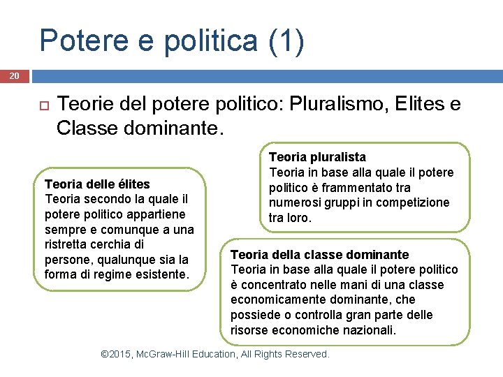 Potere e politica (1) 20 Teorie del potere politico: Pluralismo, Elites e Classe dominante.