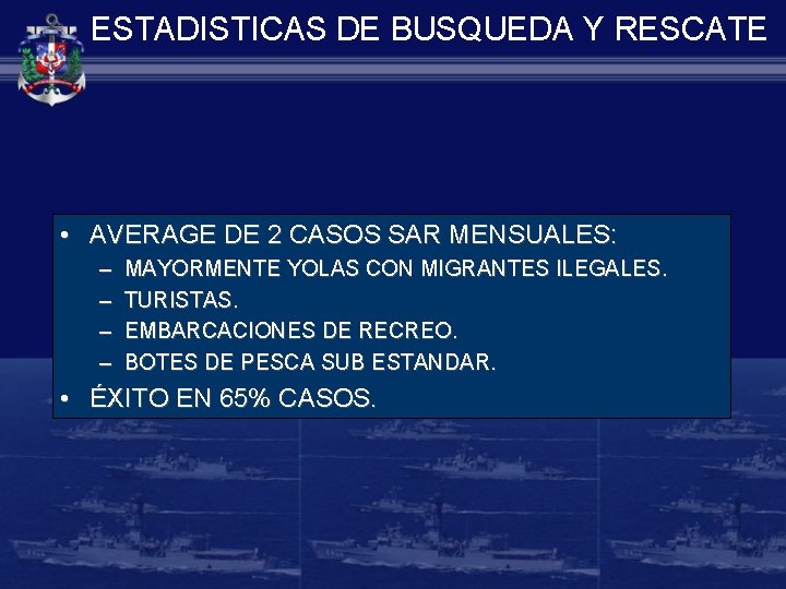ESTADISTICAS DE BUSQUEDA Y RESCATE • AVERAGE DE 2 CASOS SAR MENSUALES: – –