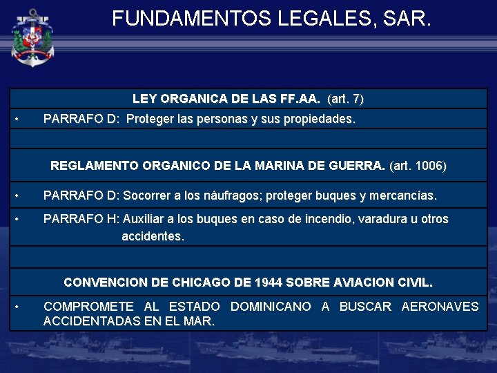 FUNDAMENTOS LEGALES, SAR. LEY ORGANICA DE LAS FF. AA. (art. 7) • PARRAFO D: