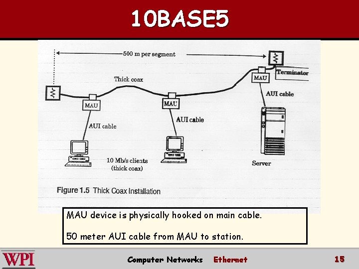 10 BASE 5 MAU device is physically hooked on main cable. 50 meter AUI