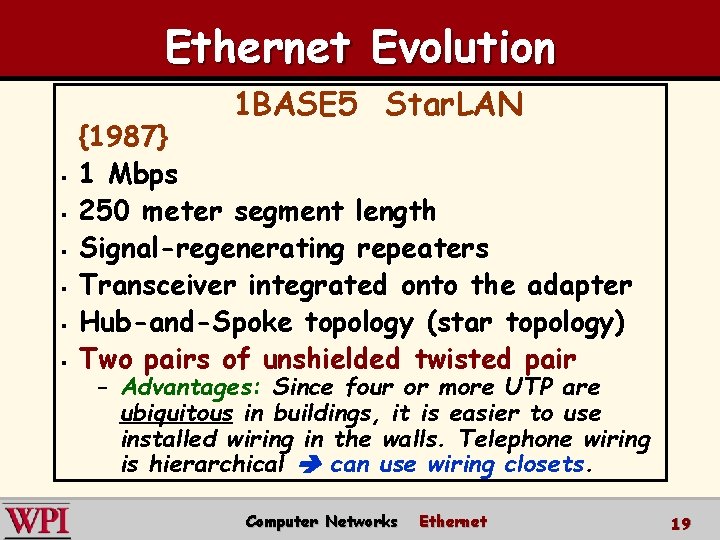 Ethernet Evolution 1 BASE 5 Star. LAN § § § {1987} 1 Mbps 250