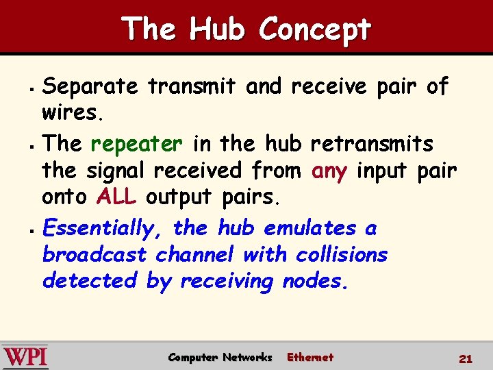 The Hub Concept Separate transmit and receive pair of wires. § The repeater in