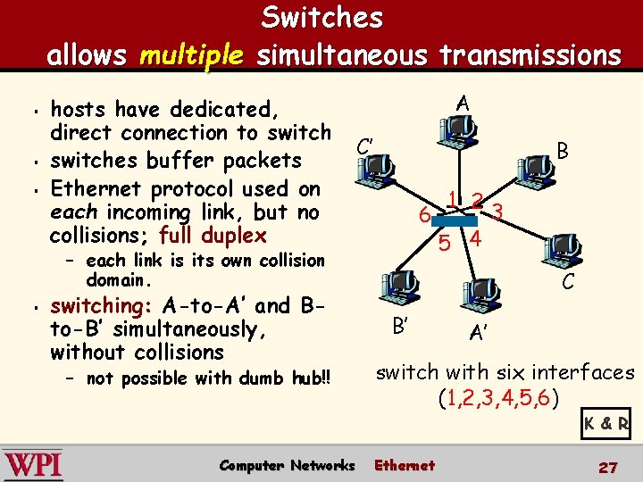 Switches allows multiple simultaneous transmissions § § § hosts have dedicated, direct connection to