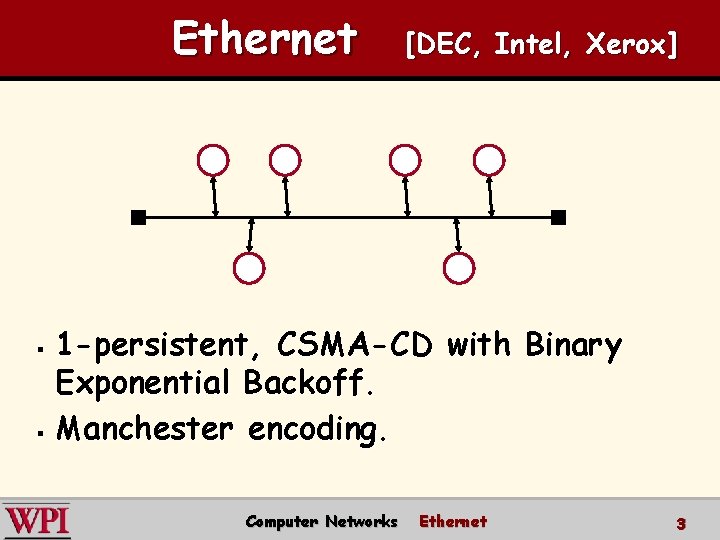 Ethernet [DEC, Intel, Xerox] 1 -persistent, CSMA-CD with Binary Exponential Backoff. § Manchester encoding.